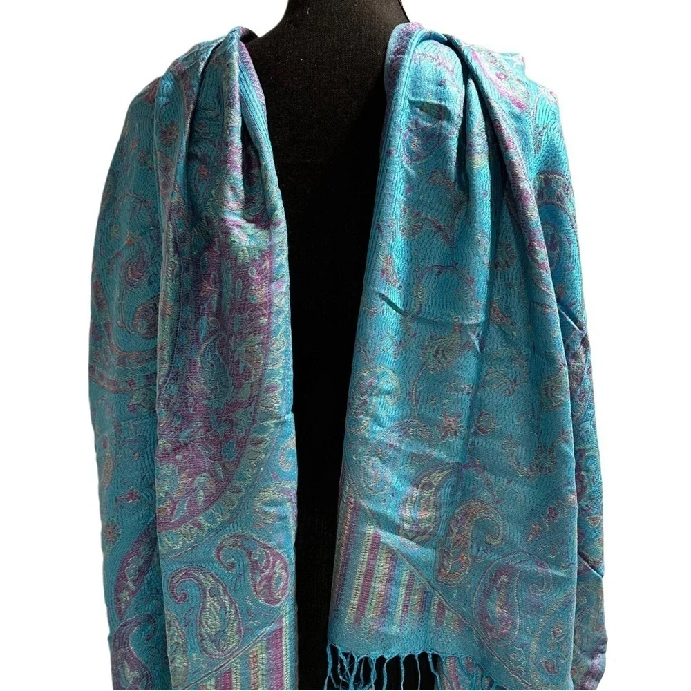 Elegant Shawl in Sky Blue with Purple- Versatile Wrap, Scarf, Veil Soft & Cozy